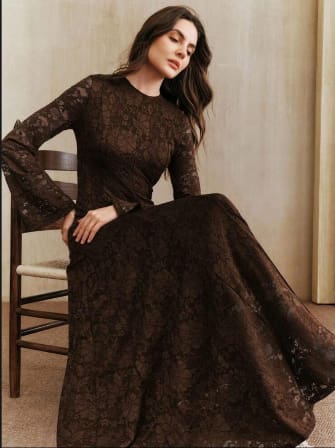 SHEIN Women Coffee Brown Lace Long Sleeve Maxi Dress