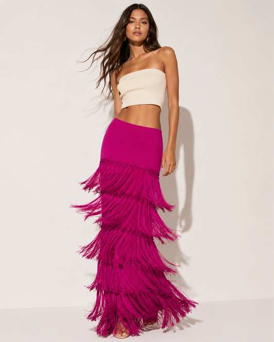SHEIN Women Fuchsia Fringe Maxi Skirt