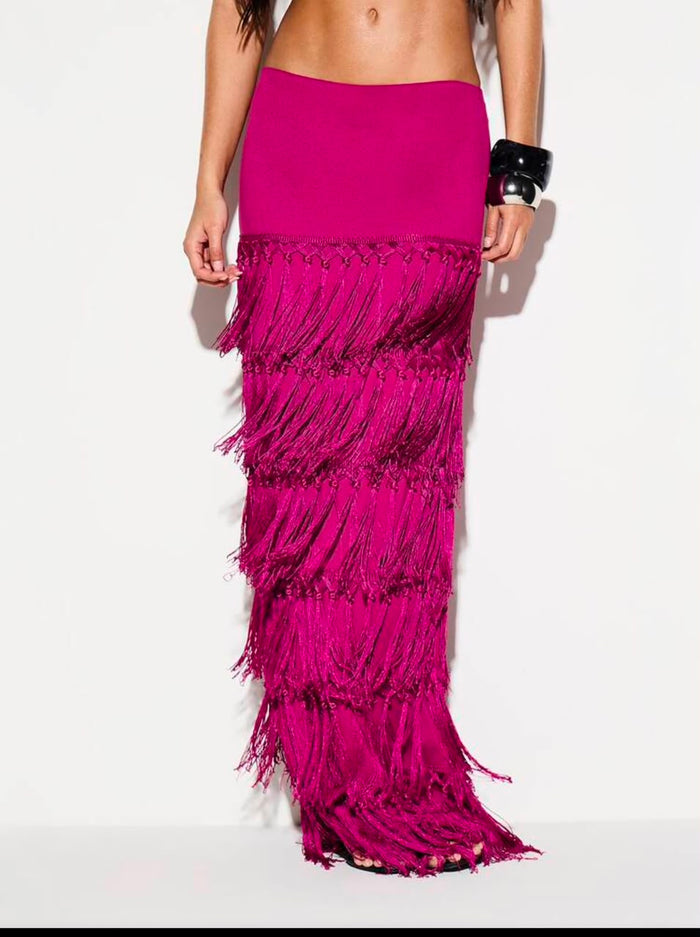 SHEIN Women Fuchsia Fringe Maxi Skirt