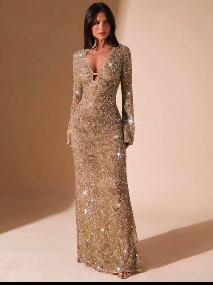 SHEIN Women Gold Sequin Long Sleeve Maxi Dress