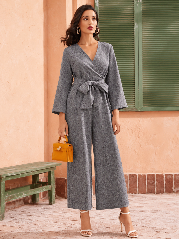 SHEIN Women Grey Wrap Belted Wide Leg Jumpsuit