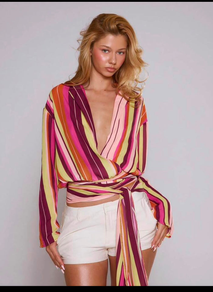 SHEIN Women Multicolor Striped Wrap Tie Blouse