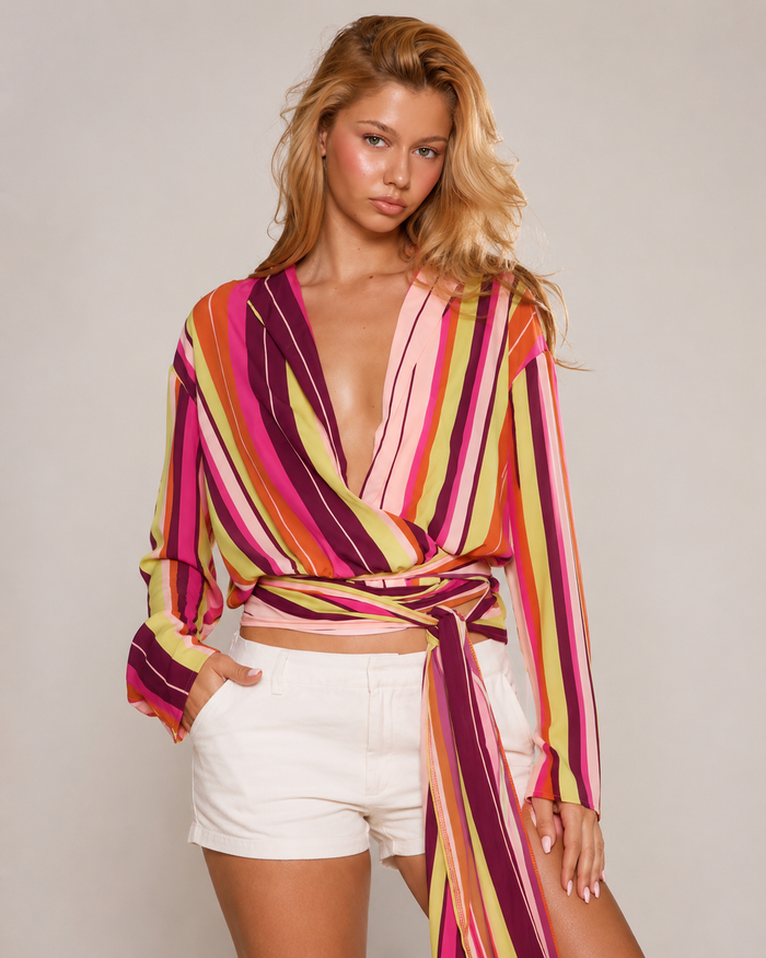 SHEIN Women Multicolor Striped Wrap Tie Blouse
