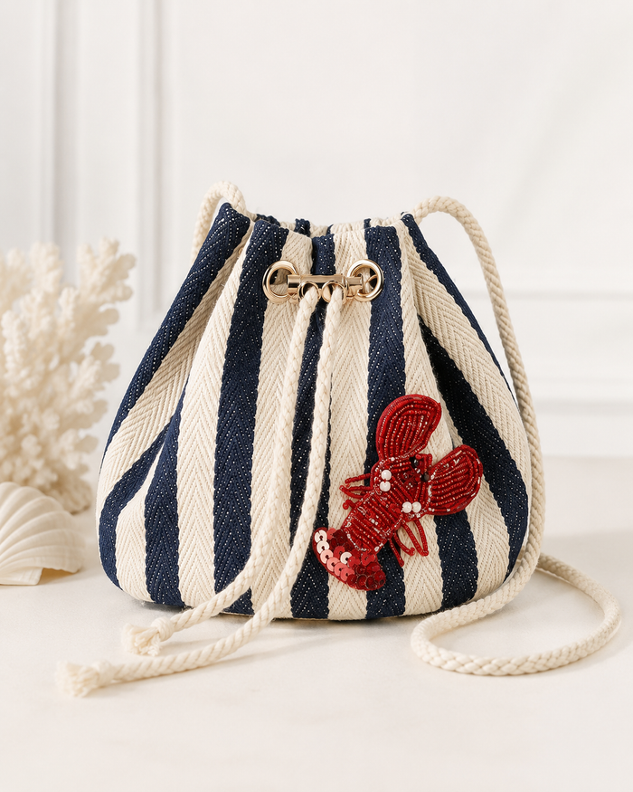 SHEIN Women Navy Striped Lobster Drawstring Bucket Bag