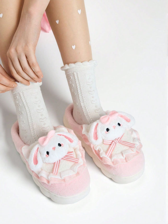 SHEIN Women Pink Bunny Plush Platform Slippers