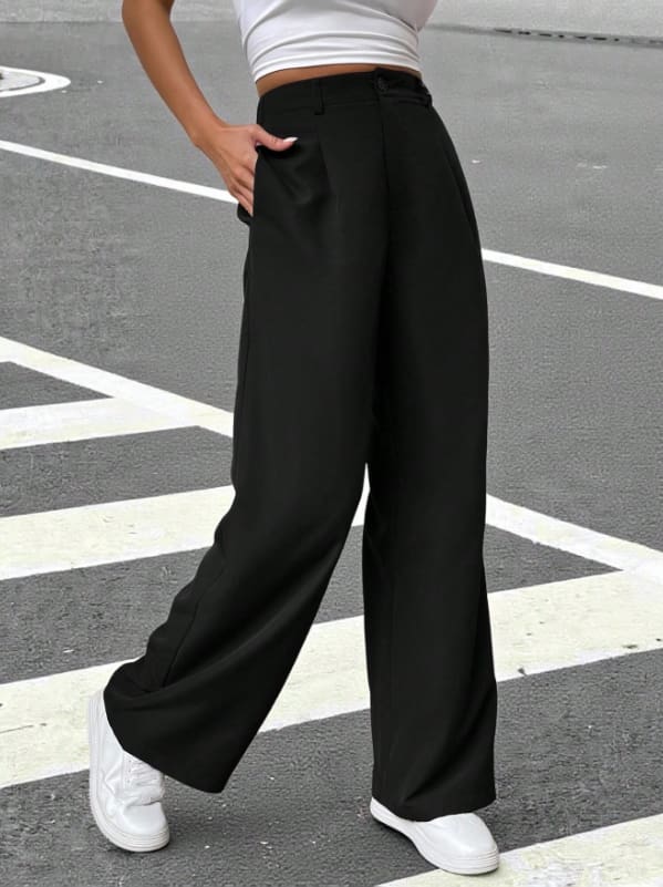 SHEIN Women’s Black High Waist Wide Leg Pants – Tailored Loose Fit Trousers, SHEIN Fast Delivery in 5 Days