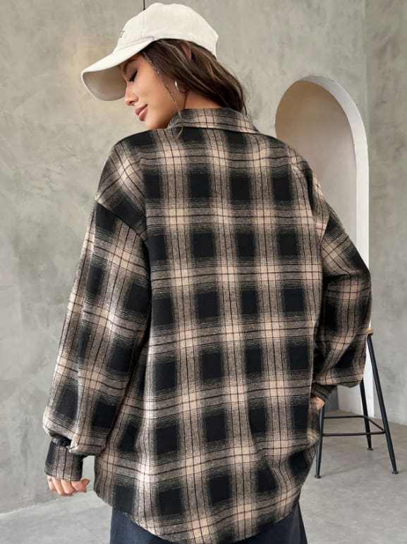 SHEIN Women’s Oversized Plaid Shirt – Brown & Black Button-Up Flannel Shirt, SHEIN Fast Delivery in 5 Days