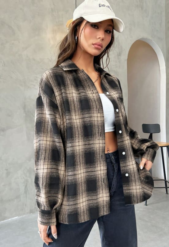 SHEIN Women’s Oversized Plaid Shirt – Brown & Black Button-Up Flannel Shirt, SHEIN Fast Delivery in 5 Days