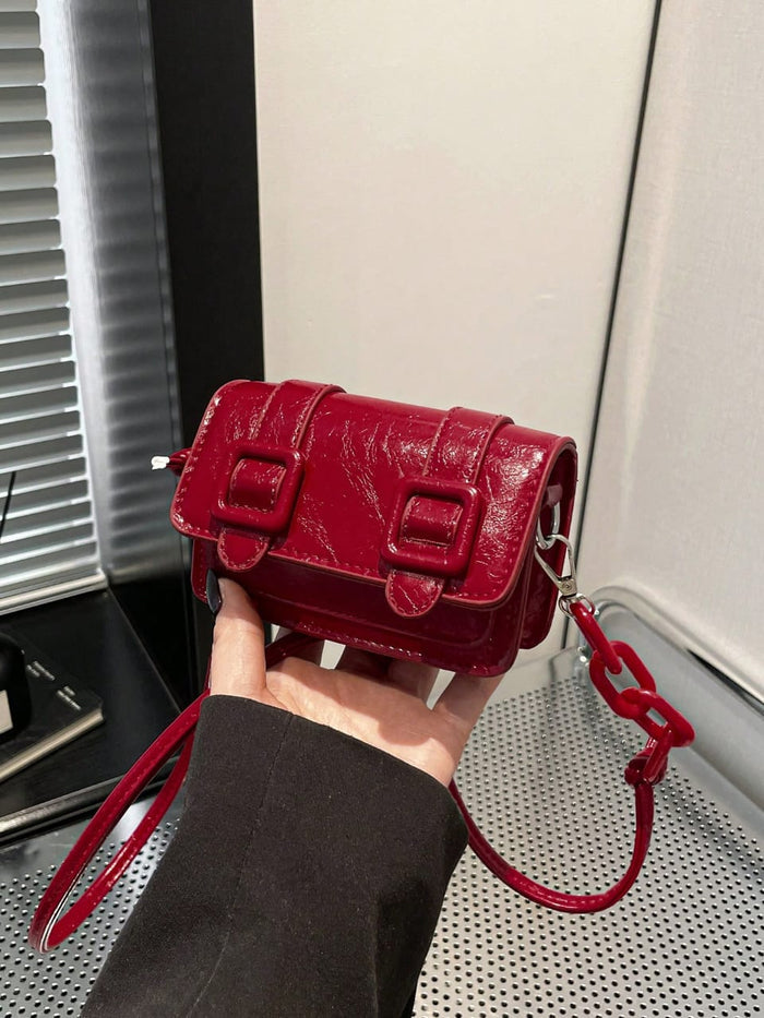 SHEIN Women’s Red Glossy Mini Shoulder Bag – Buckle Detail Crossbody Bag, SHEIN Fast Delivery in 5 Days