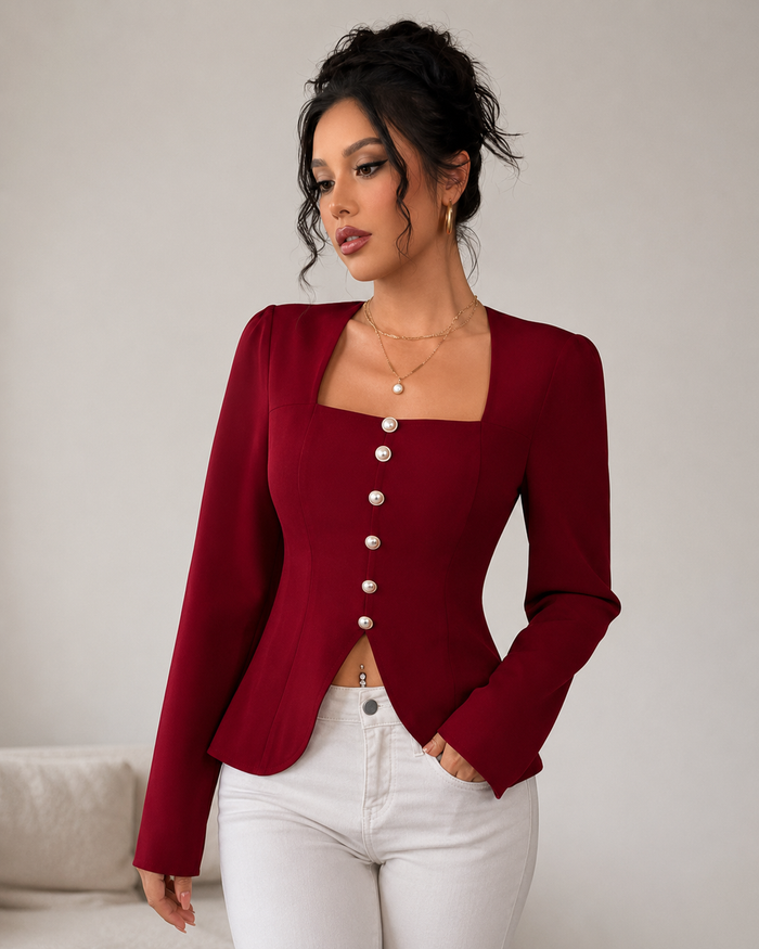 SHEIN Women’s Red Square Neck Blouse – Long Sleeve Button Front Top, SHEIN Fast Delivery in 5 Days