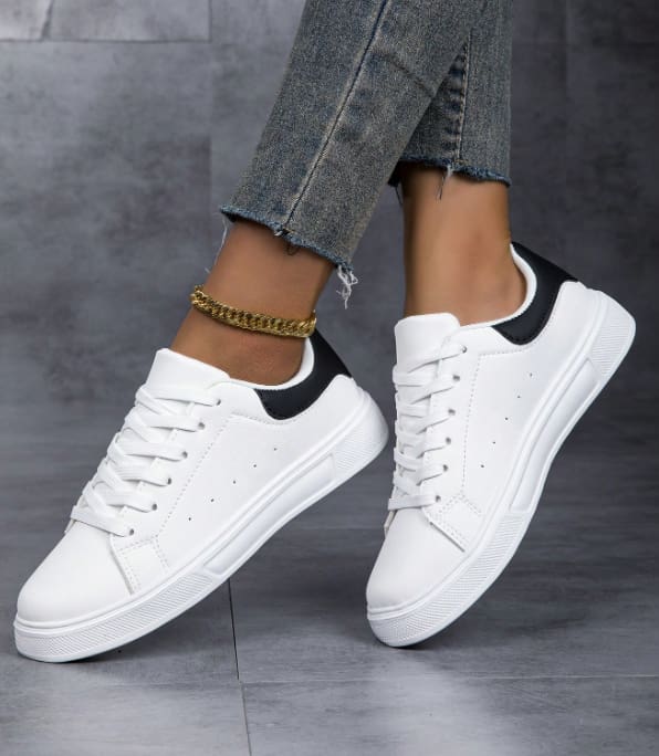 SHEIN Women’s White Lace-Up Sneakers – Black Heel Detail Casual Shoes, SHEIN Fast Delivery in 5 Days