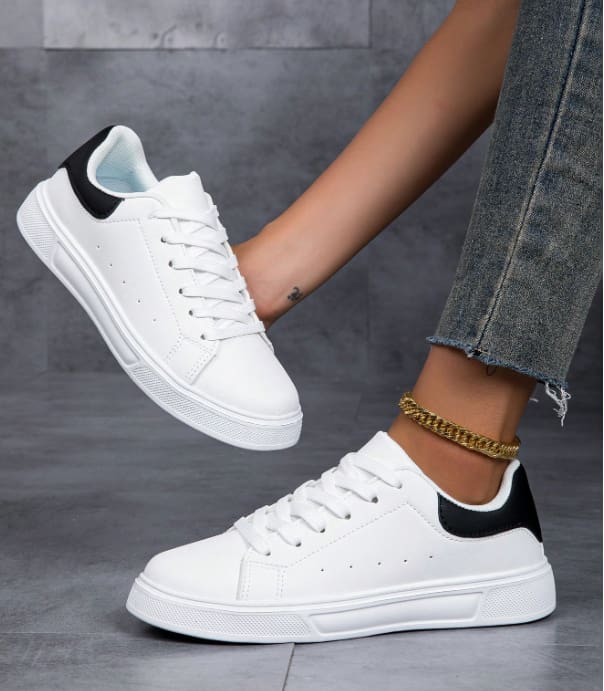 SHEIN Women’s White Lace-Up Sneakers – Black Heel Detail Casual Shoes, SHEIN Fast Delivery in 5 Days