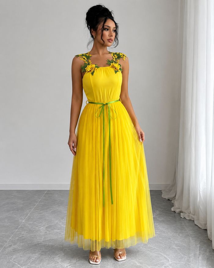 SHEIN Yellow Pleated Maxi Dress with Floral Strap Detail - SHEIN Fast Delivery in 5 Days