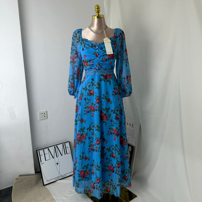 Silk chiffon printed lace trimmed dress
