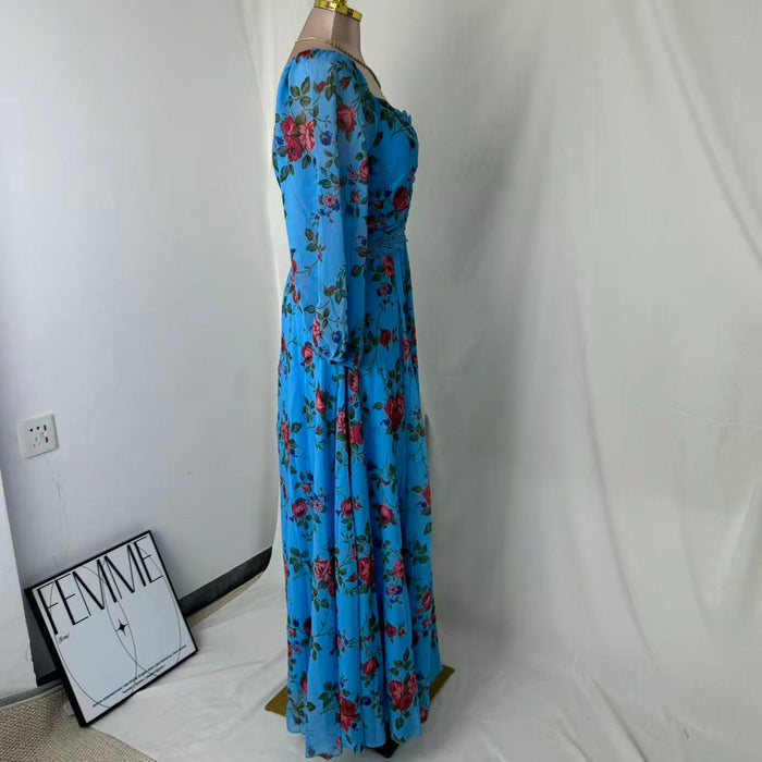 Silk chiffon printed lace trimmed dress