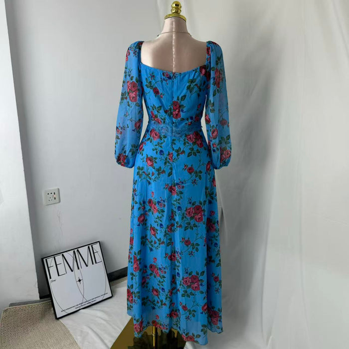 Silk chiffon printed lace trimmed dress