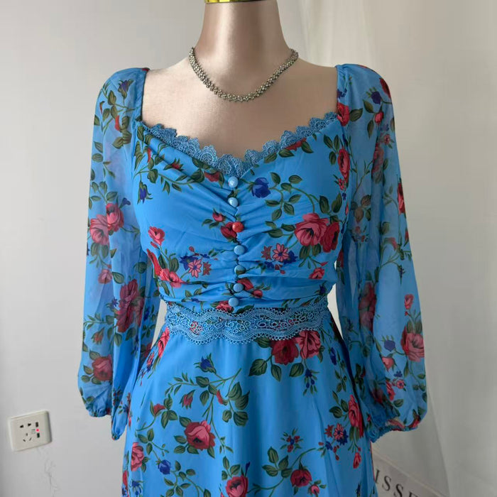 Silk chiffon printed lace trimmed dress