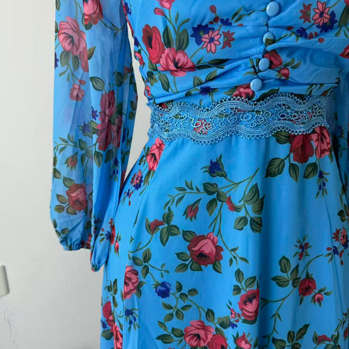 Silk chiffon printed lace trimmed dress