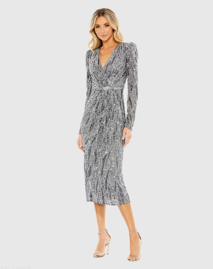 Gray Long Sleeve V Neck Beaded Cocktail Dress - Mac Duggal