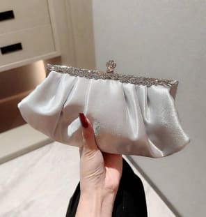 Silver Satin Evening Clutch Bag, Pleated Party Purse with Rhinestone Frame