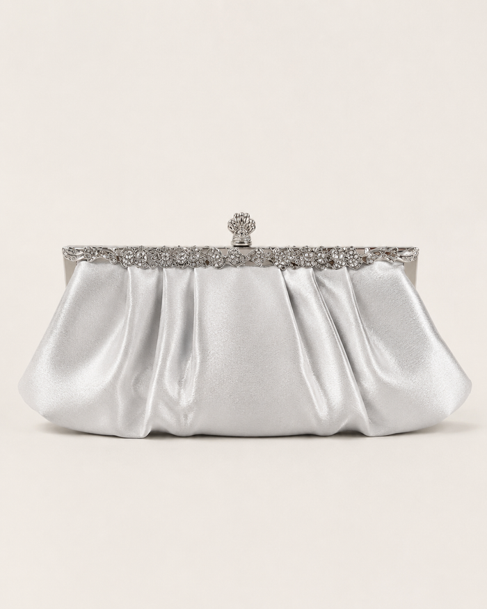 Silver Satin Evening Clutch Bag, Pleated Party Purse with Rhinestone Frame