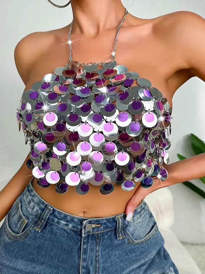 Silver Sequin Bralette - Circle Sequin Halter Tank Top