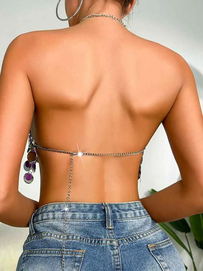 Silver Sequin Bralette - Circle Sequin Halter Tank Top