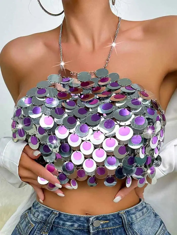 Silver Sequin Bralette - Circle Sequin Halter Tank Top