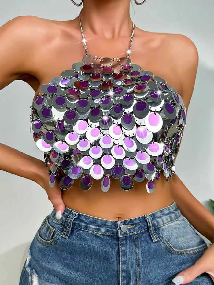 Silver Sequin Bralette - Circle Sequin Halter Tank Top