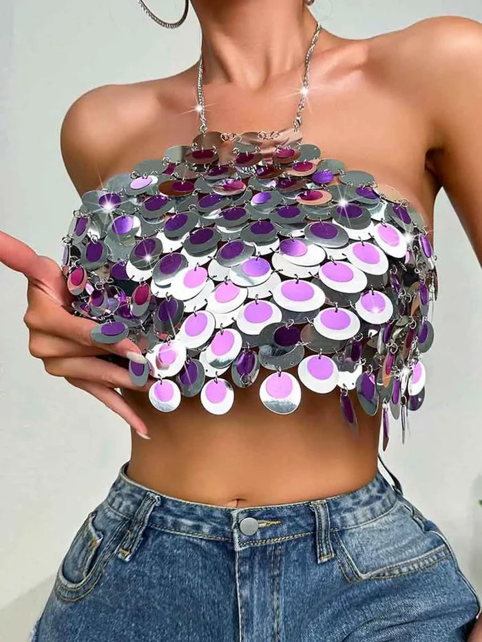 Silver Sequin Bralette - Circle Sequin Halter Tank Top