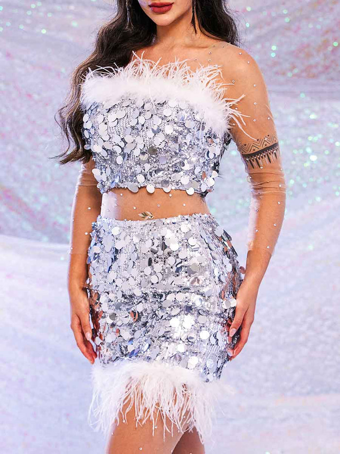 Silver Sequin Two Piece Set - Short Sparkling Feather Set
