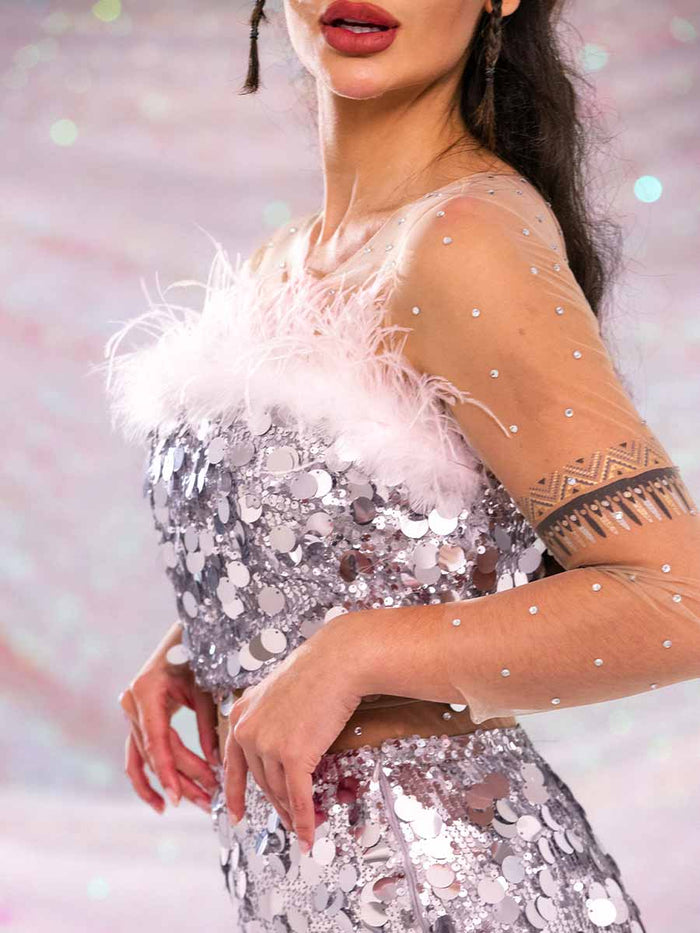 Silver Sequin Two Piece Set - Short Sparkling Feather Set