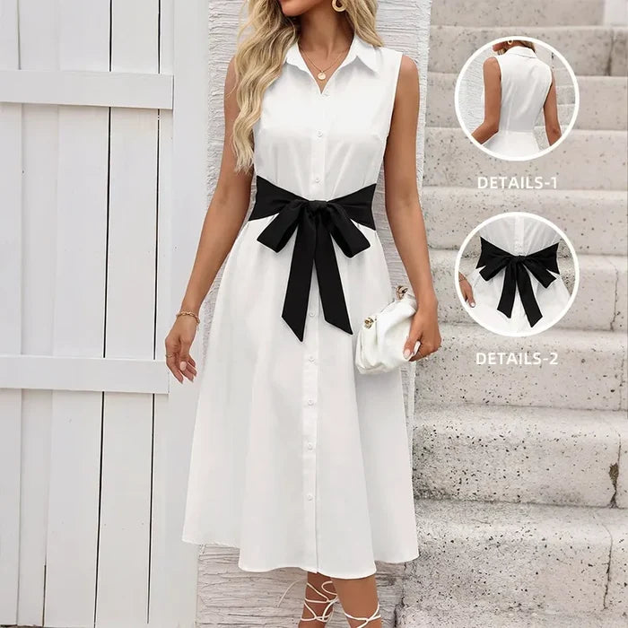 Sleeveless Dress with Contrast-Color Bow Tie