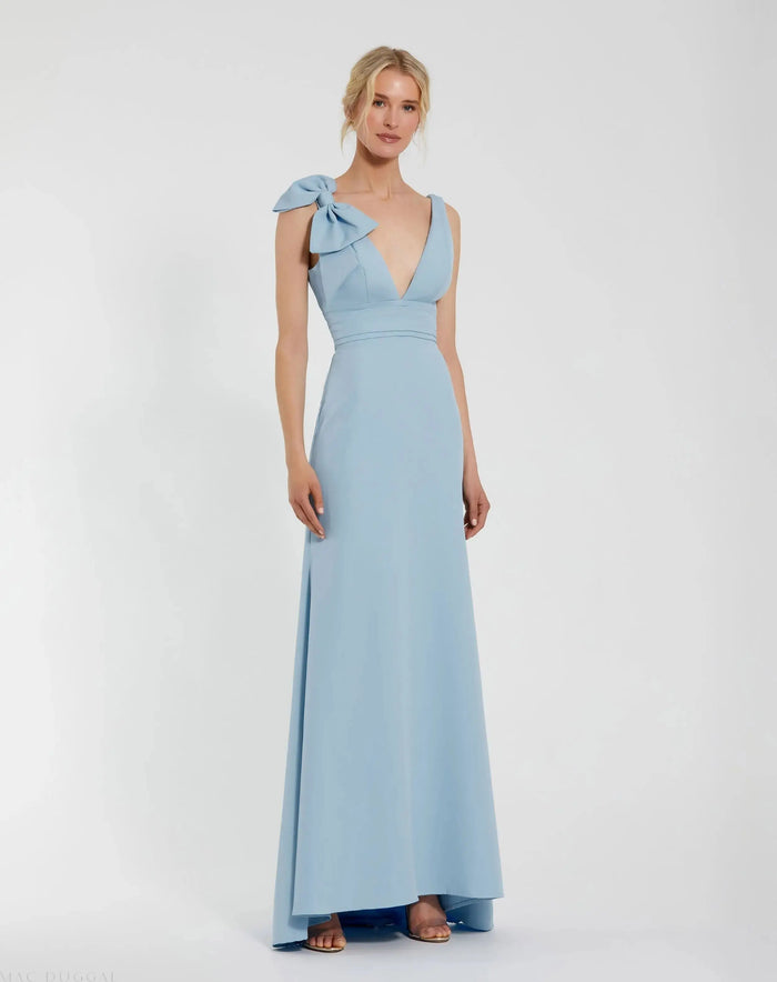 Blue Sleeveless V Neck Bow Detail Mermaid Gown - Mac Duggal