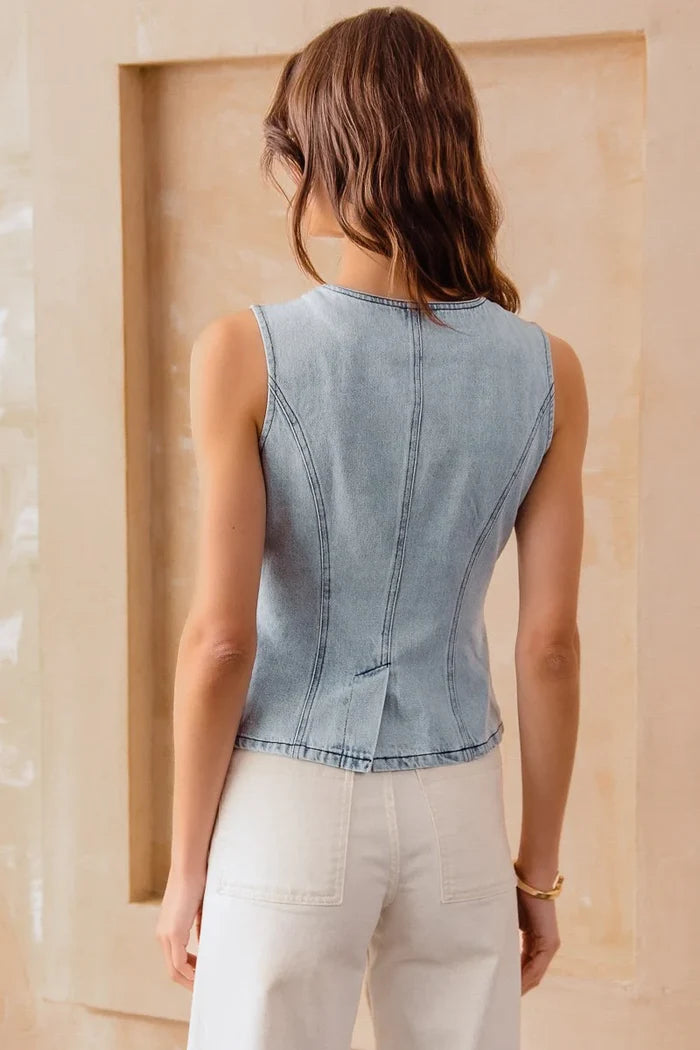 Slim Fit Button Front Vest in Denim