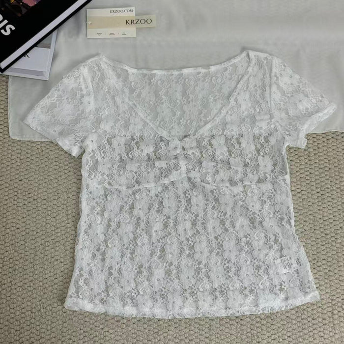 Slim-Fit V-Neck Lace Short-Sleeved Top