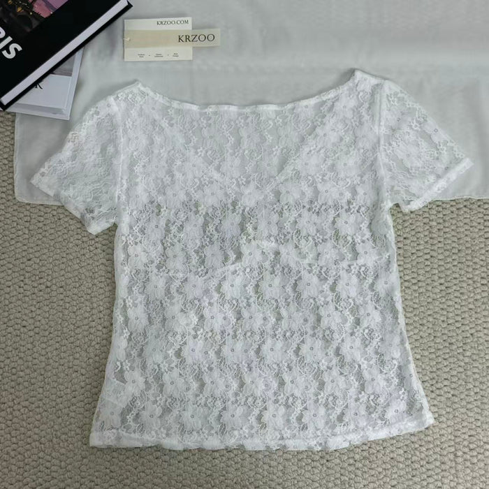 Slim-Fit V-Neck Lace Short-Sleeved Top