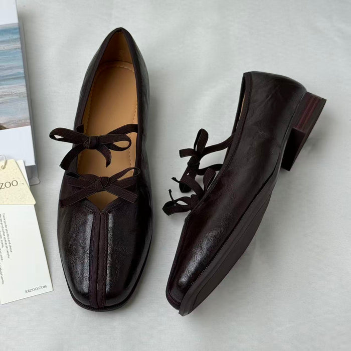 Soft-Leather Square-Toe Retro Bow Mary Janes