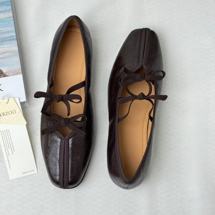 Soft-Leather Square-Toe Retro Bow Mary Janes