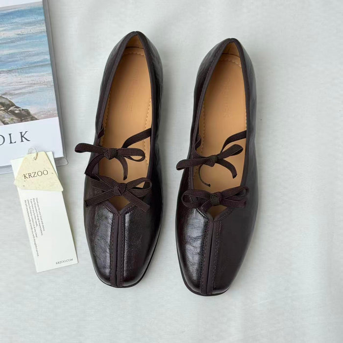 Soft-Leather Square-Toe Retro Bow Mary Janes