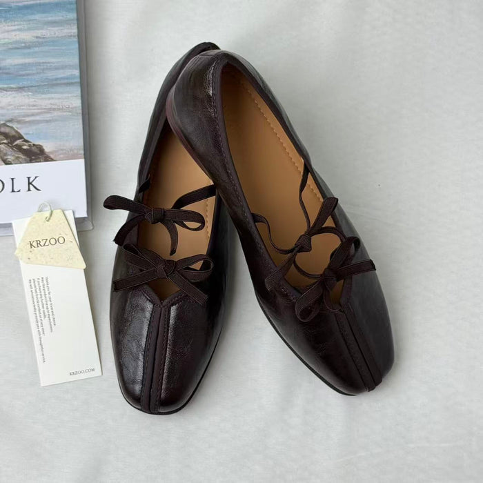 Soft-Leather Square-Toe Retro Bow Mary Janes