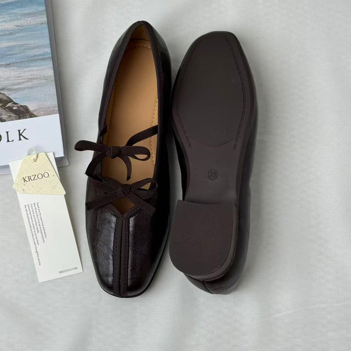 Soft-Leather Square-Toe Retro Bow Mary Janes