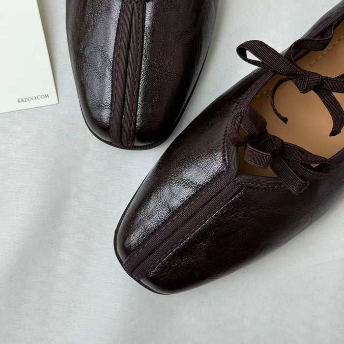 Soft-Leather Square-Toe Retro Bow Mary Janes