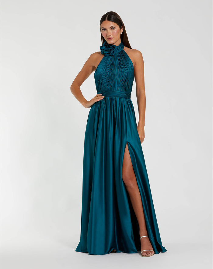 Teal Halter Neck Open Back Satin Gown With Slit Ieena for Mac Duggal