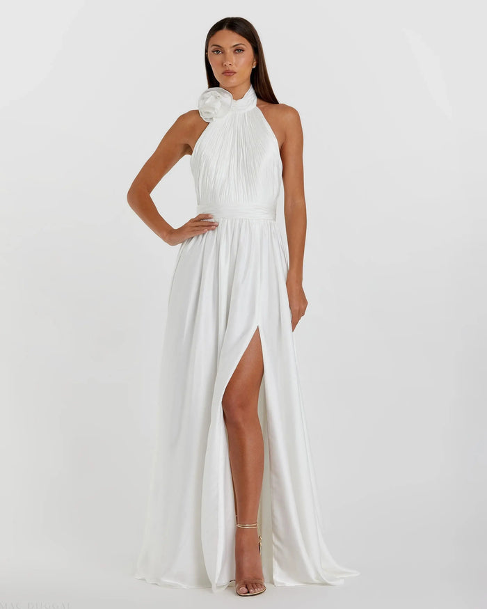 White Soft Tie Halter Neck High Slit Gown - Mac Duggal