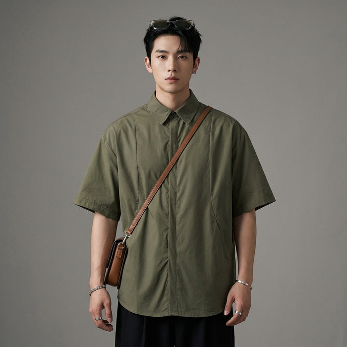 Solid color structure curved pressed line pocket loose short sleeved shirt - Taille M