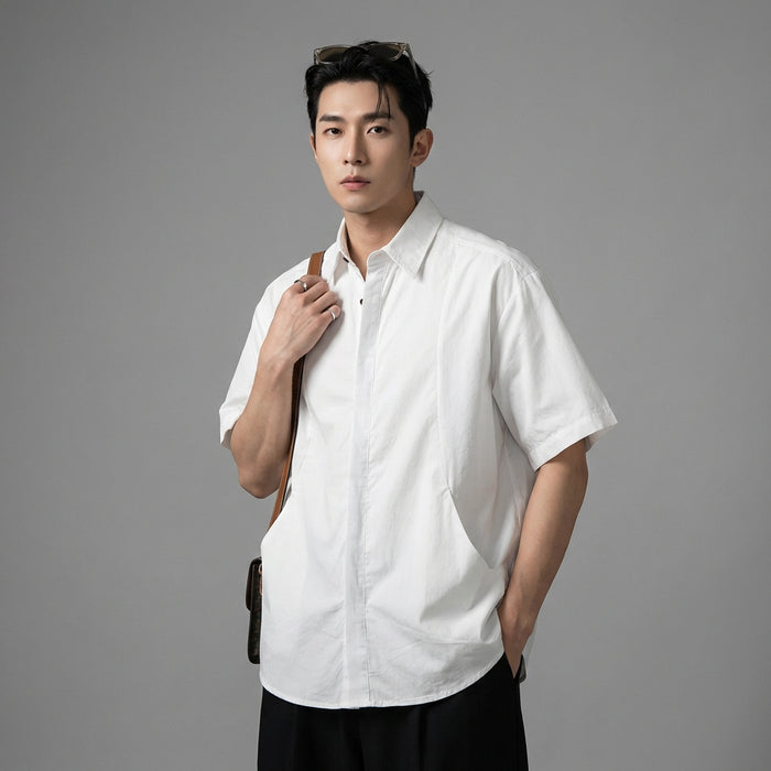 Solid color structure curved pressed line pocket loose short sleeved shirt - Taille M