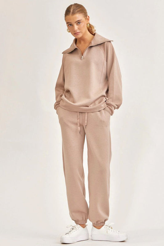 Solid Zip Collar Long Sleeve Top and pants Set