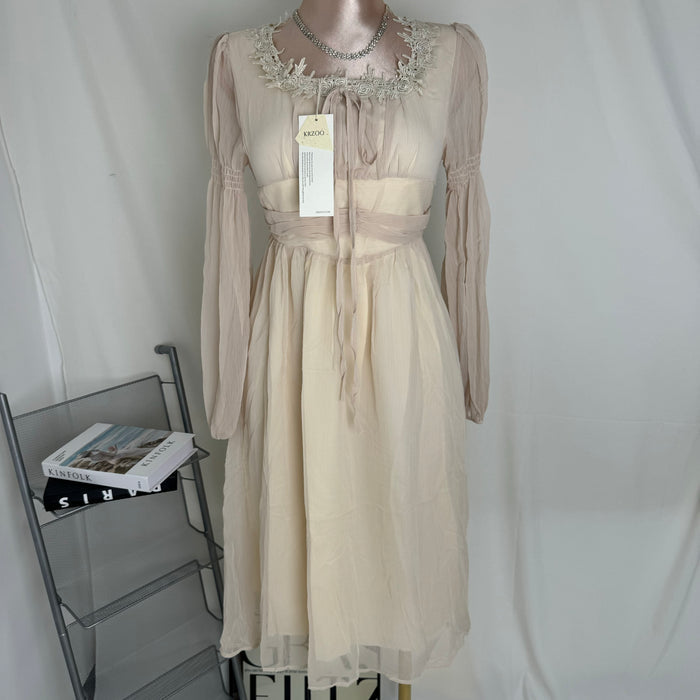 Square-Neck Long-Sleeve Chiffon Dress