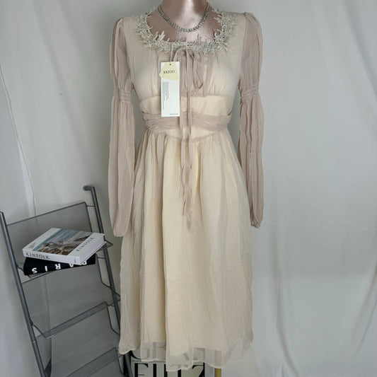 Square-Neck Long-Sleeve Chiffon Dress